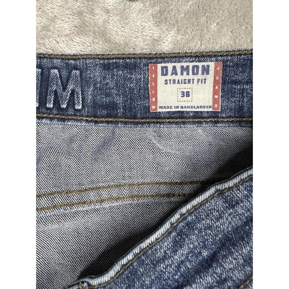 Yellow DNM Workshop Jeans Men's 38x31 Blue Denim Straight Damon Whiskers Wideleg